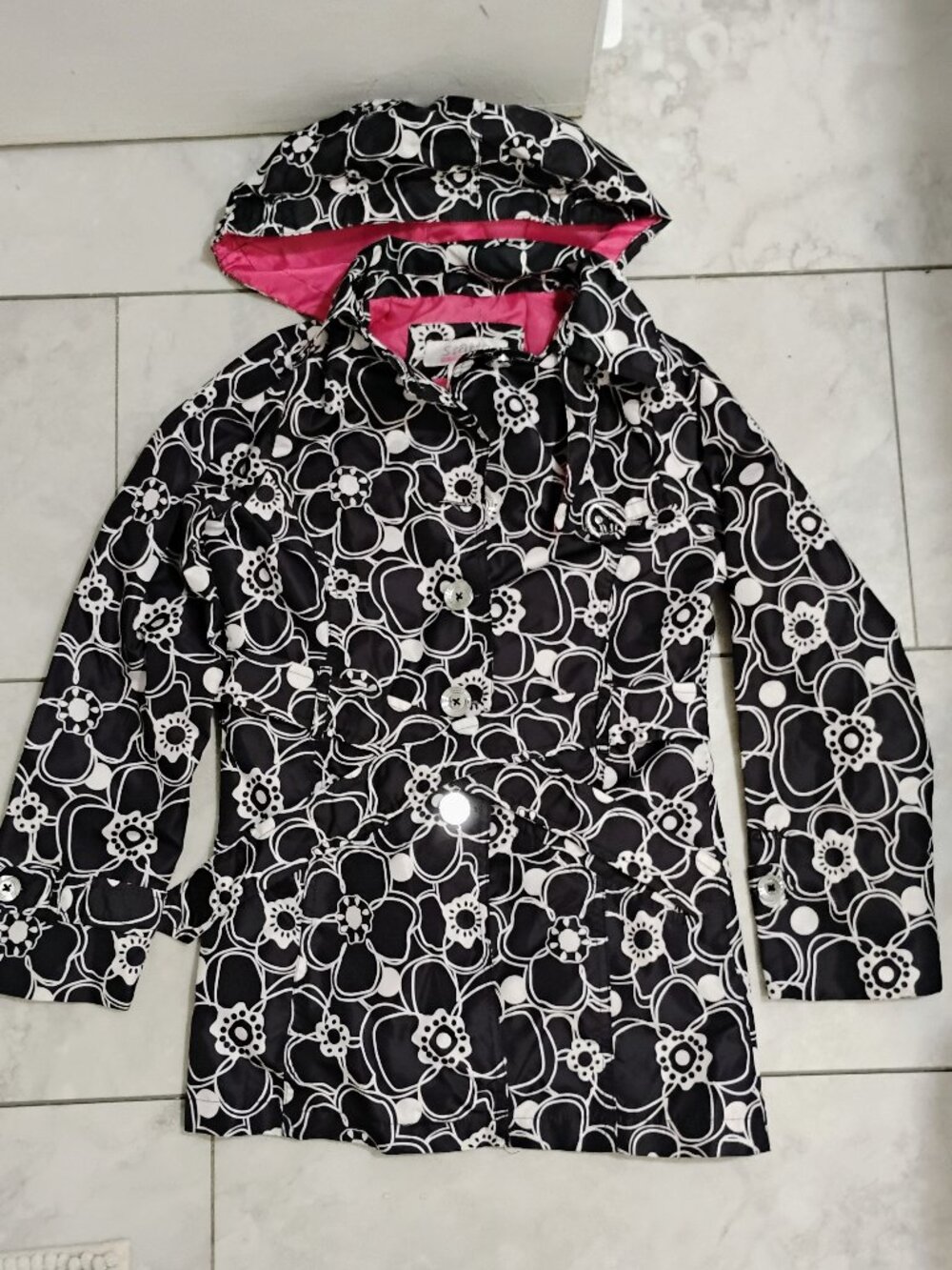 Static Girls Black White Floral Hooded Trench Rain Jacket Size M 10-12